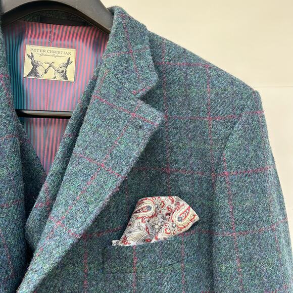 Peter Christian Harris Tweed 3 Piece Suit Marine Blue Plaid 48 Jacket 46/29 Pant - Picture 13 of 16